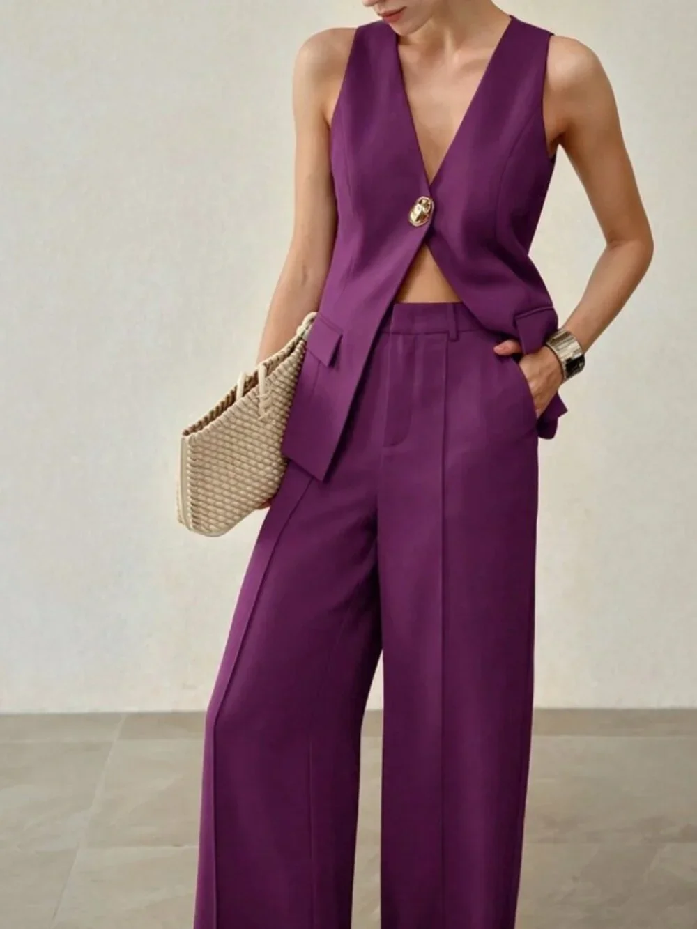 Plum Purple V-Neck Vest & Wide Leg Pants Set